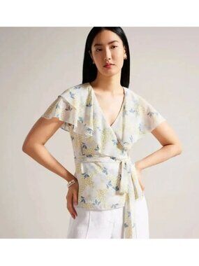 NWT Ted Baker Wrap Top Short Sleeve Floral Ruffle Size Ted 1 US XS Sky Blue $195